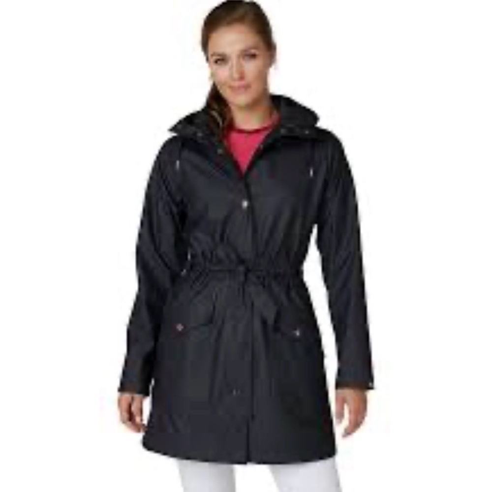 Helly Hansen Sz L Kirkwall Charcoal Grey Trench Coat Hood Patch Pockets Belted